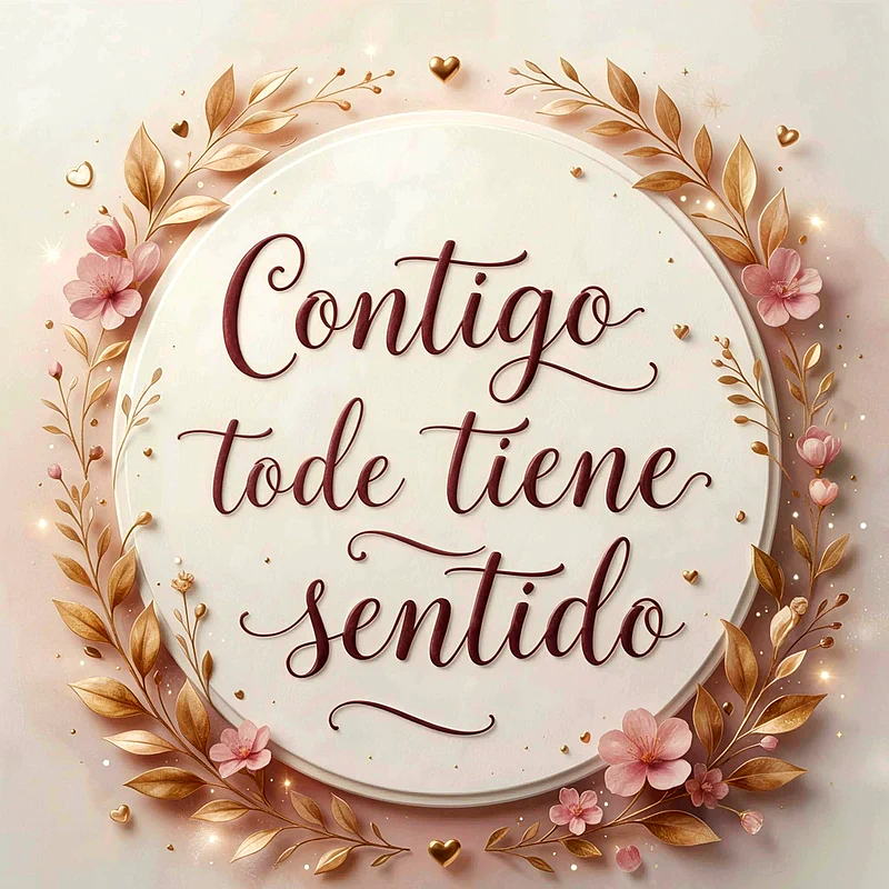 Corazón blanco con ramas doradas y flores rosa, texto elegante que dice Contigo todo tiene sentido.