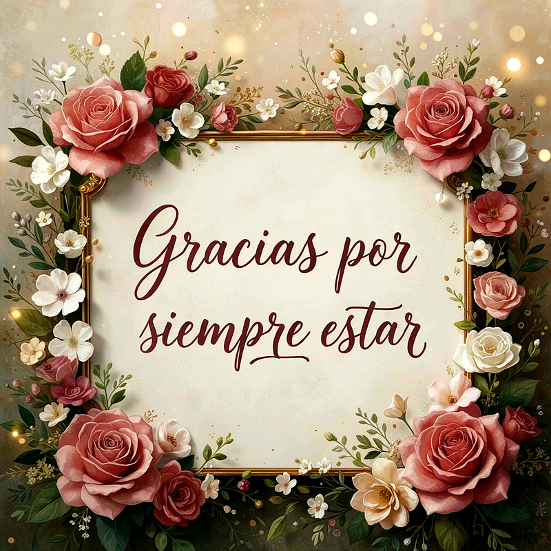 Tarjeta de agradecimiento floral con rosas rosadas, blancas y follaje verde, enmarcando el texto 'Gracias por siempre estar'. Fondo claro con sutiles luces bokeh.