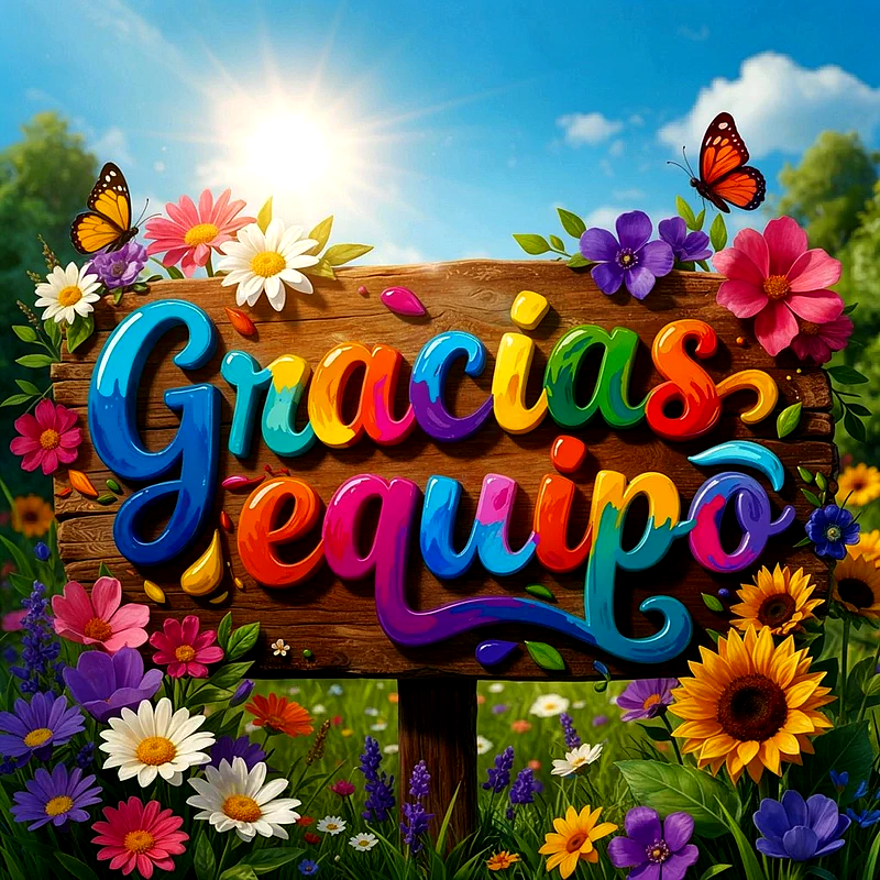 Cartel de madera con texto Gracias equipo en letras arcosíris 3D, rodeado de flores variadas y mariposas sobre un fondo de prado soleado.