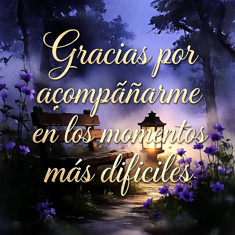 Imagen de agradecimiento con la frase 'Gracias por acompañarme en los momentos más difíciles'. Muestra un banco de madera, un farol iluminado y flores moradas en un bosque nocturno y místico.