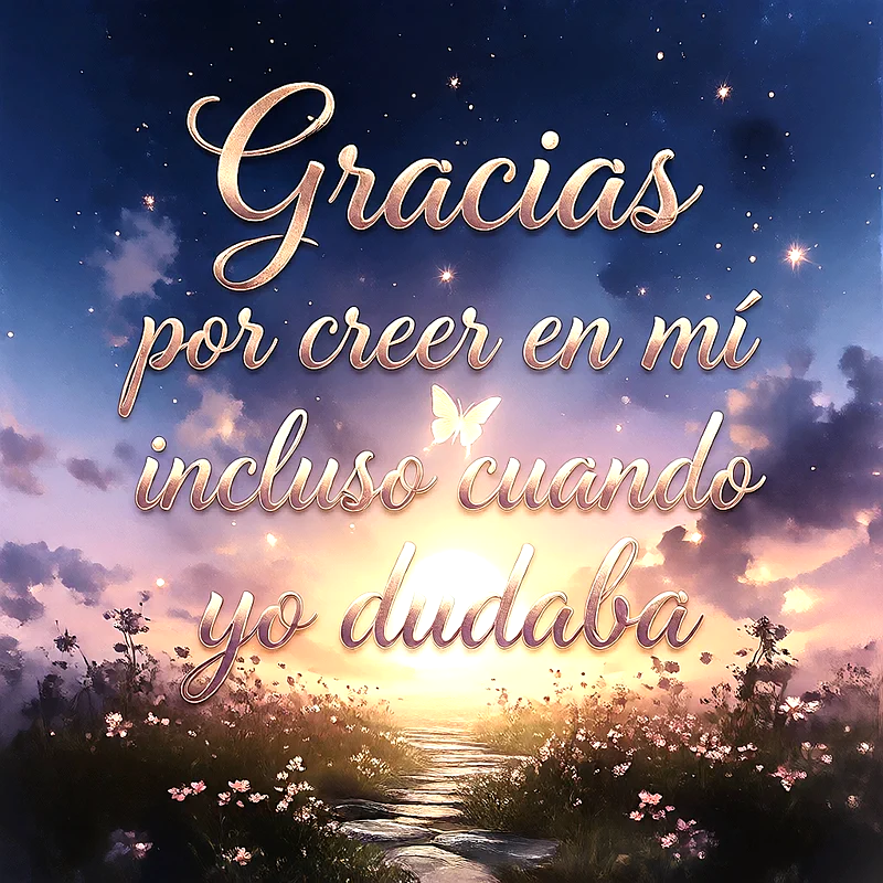 Imagen de agradecimiento con cielo estrellado azul y nubes moradas al atardecer. Un camino de piedra guía hacia el brillante horizonte. El texto dorado resalta: 'Gracias por creer en mí incluso cuando yo dudaba'.