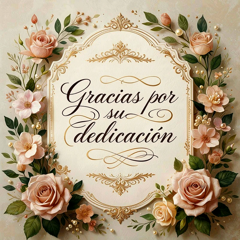 Tarjeta de agradecimiento floral con rosas y flores pastel en tonos rosa y crema, rodeando un marco dorado. El texto visible dice 'Gracias por su dedicación'.