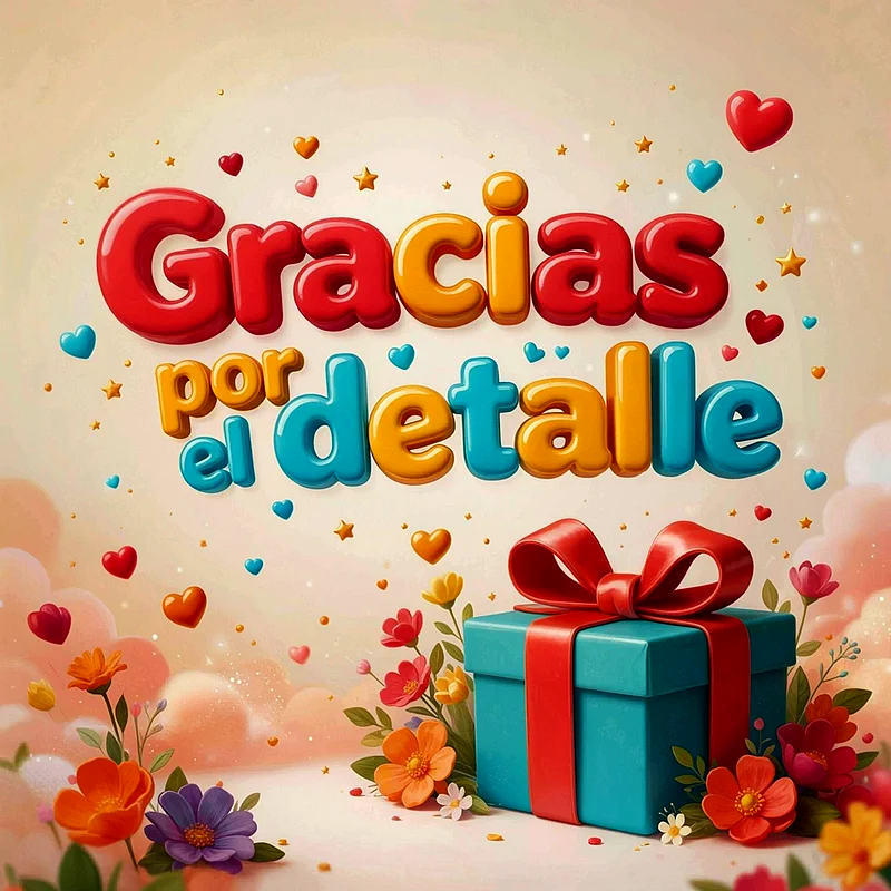 Caja de regalo turquesa con lazo rojo, rodeada de flores de colores y corazones flotantes, sobre un fondo beige con texto que dice Gracias por el detalle en letras 3D.
