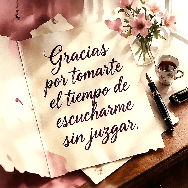 Imagen con mensaje de agradecimiento: 'Gracias por tomarte el tiempo de escucharme sin juzgar'. Papel beige, pluma, taza de café y flores rosas en jarrón sobre mesa de madera.