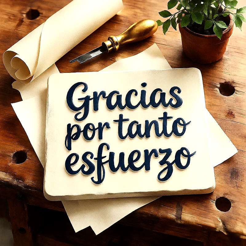 Placa de piedra con la frase Gracias por tanto esfuerzo en letras caligráficas azules sobre un escritorio de madera con pluma y planta.