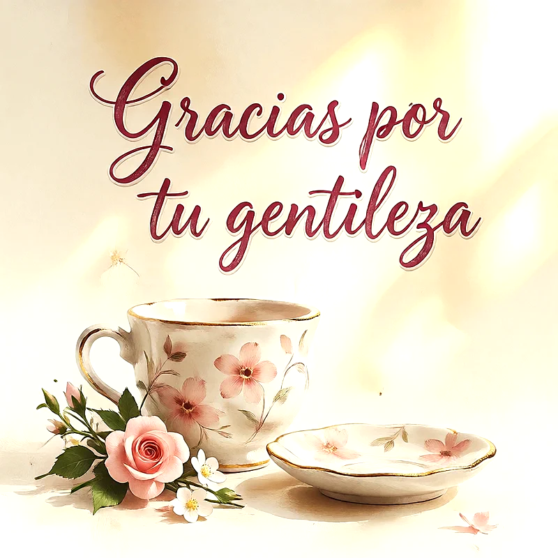 Taza y platillo de porcelana con flores rosas, rosa y hojas, texto gracias por tu gentileza en caligrafía roja.