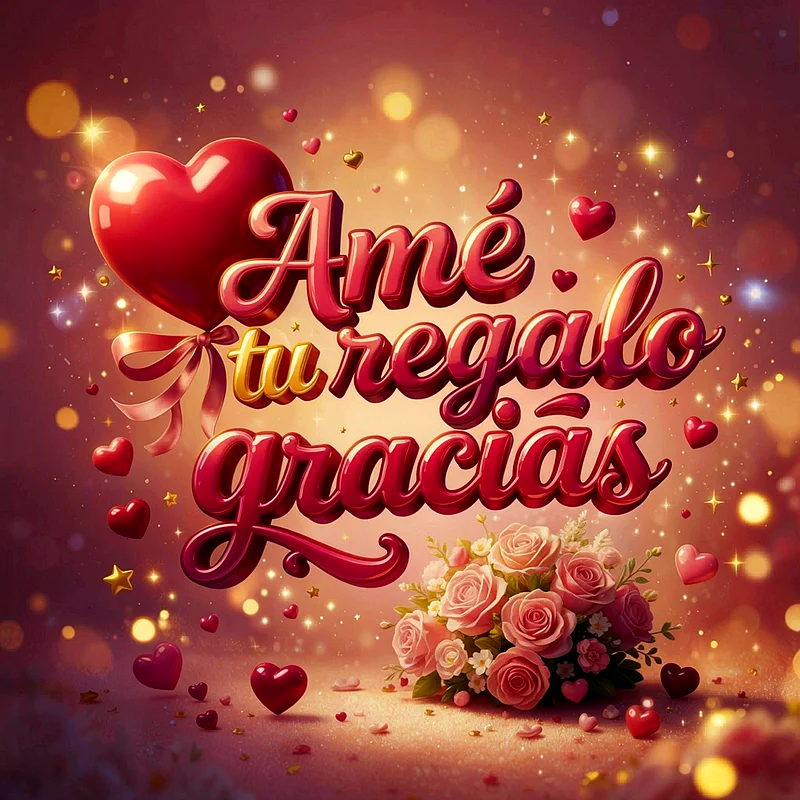 Imagen de agradecimiento con letras 3D rojas que dicen 'Amé tu regalo gracias'. Incluye un globo de corazón rojo, un ramo de rosas rosadas y destellos dorados de fondo.