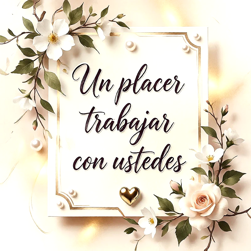 Tarjeta elegante con marco blanco y bordes dorados, decorada con flores blancas, hojas verdes y perlas. Un corazón dorado y el texto 'Un placer trabajar con ustedes'.