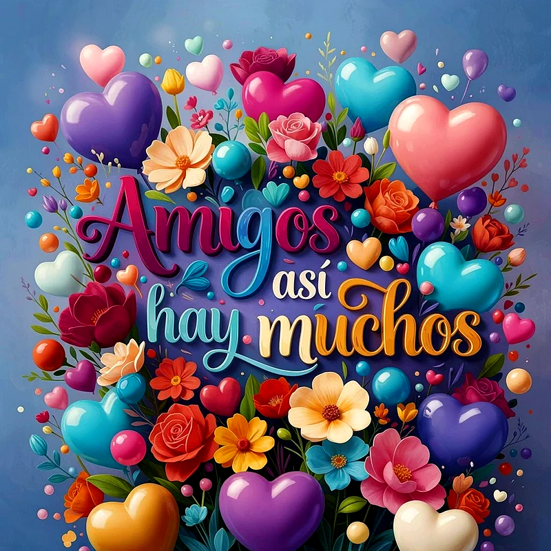 Imagen vibrante con el texto 'Amigos así hay muchos' rodeado de multitud de corazones de colores, flores diversas y esferas. Predominan tonos rosados, azules, morados, naranjas y verdes.