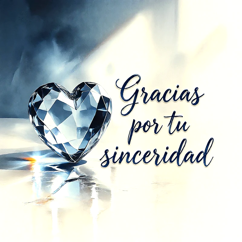 Corazón de cristal facetado con destellos de luz sobre un fondo degradado de azul y blanco. Incluye el texto 'Gracias por tu sinceridad' en tipografía cursiva.