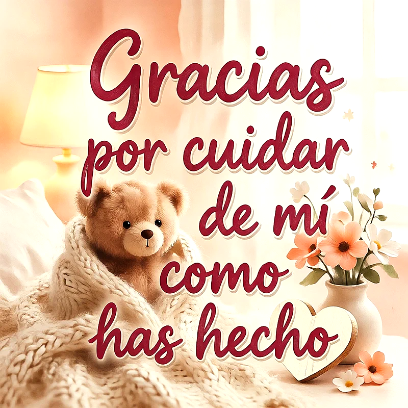 Tierno osito de peluche envuelto en manta de punto, junto a un jarrón con flores y un corazón de madera. Texto: 'Gracias por cuidar de mí como has hecho'.