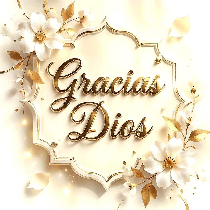 Imagen elegante con la frase 'Gracias Dios' en letras doradas y relieve, rodeada de delicadas flores blancas y hojas doradas, con un marco ornamentado y detalles brillantes.