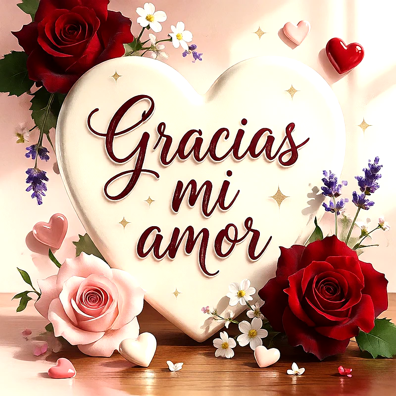 Gran corazón cremoso con el texto 'Gracias mi amor' en letras rojas, rodeado de rosas rojas y rosadas, lavanda, pequeñas flores blancas y corazones en una superficie de madera clara.