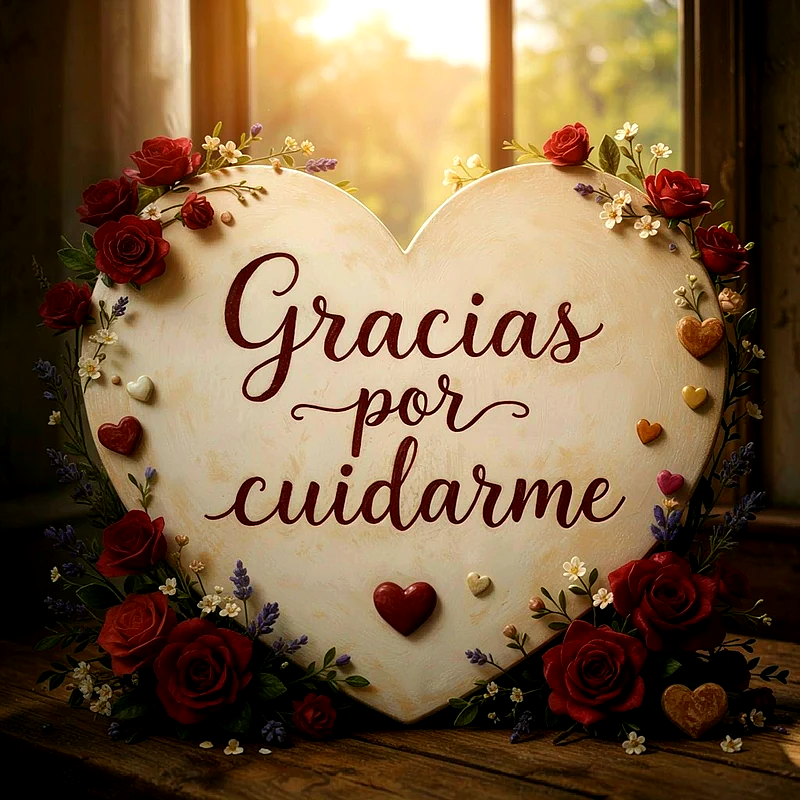 Corazón de madera con rosas rojas y lavanda, texto en central que dice Gracias por cuidarme y detalles de corazones pequeños.