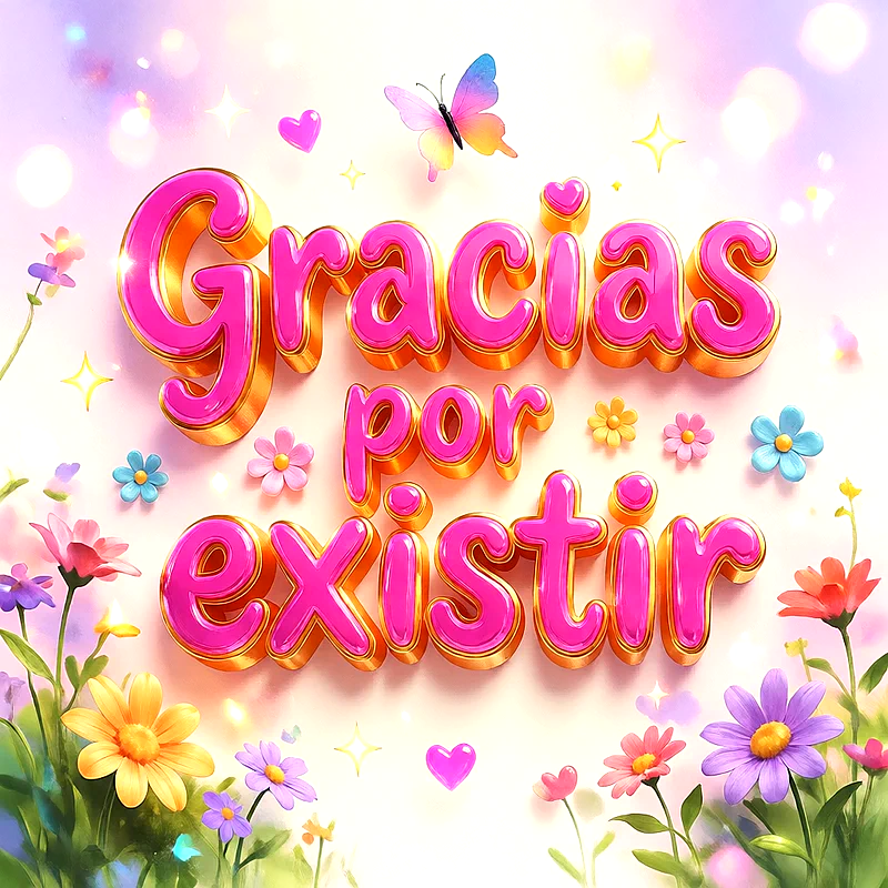 Texto brillante 3D en rosa y dorado que dice Gracias por existir sobre un fondo pastel con flores, mariposas y corazones brillantes.