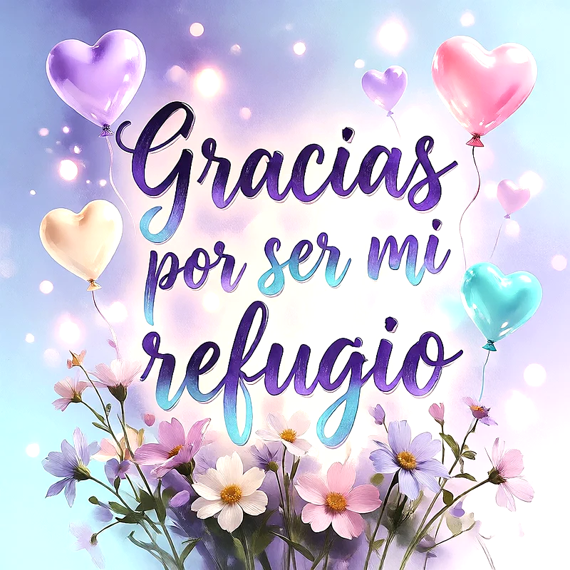 Imagen de agradecimiento con el texto 'Gracias por ser mi refugio'. Globos de corazón pastel y un ramo de flores en tonos lavanda, rosa y blanco. Fondo etéreo con luces bokeh.