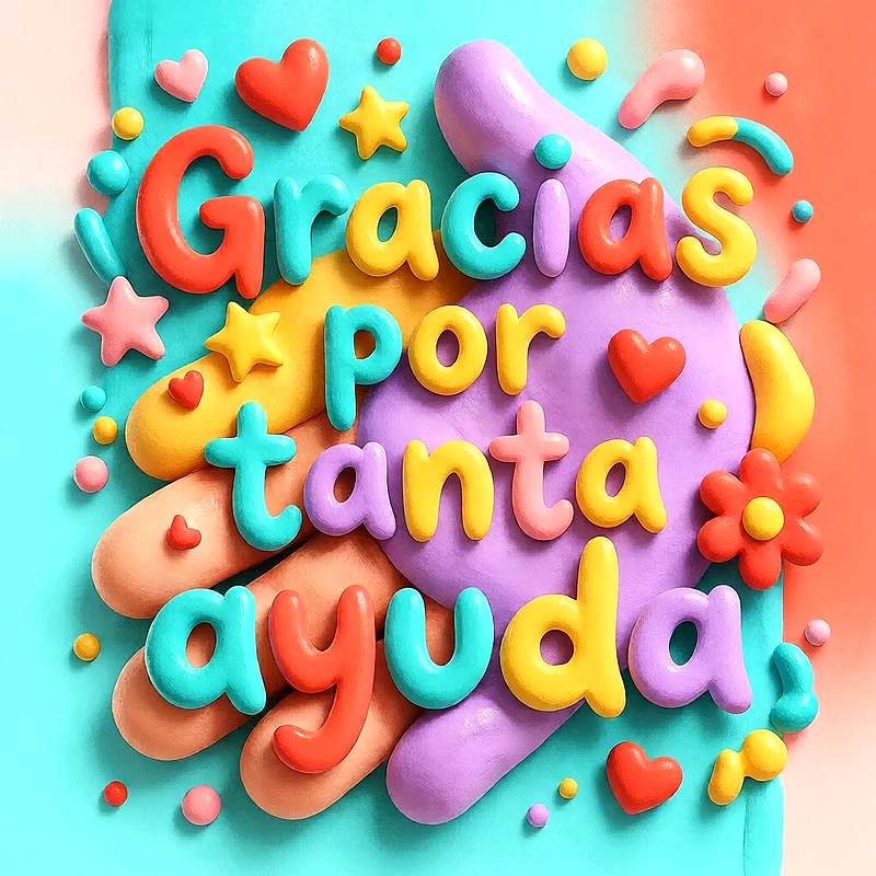 Cartas de plastilina 3D que dicen gracias por tanta ayuda sobre fondo degradado turquesa y lila, decorado con corazones, estrellas y flores coloridas.