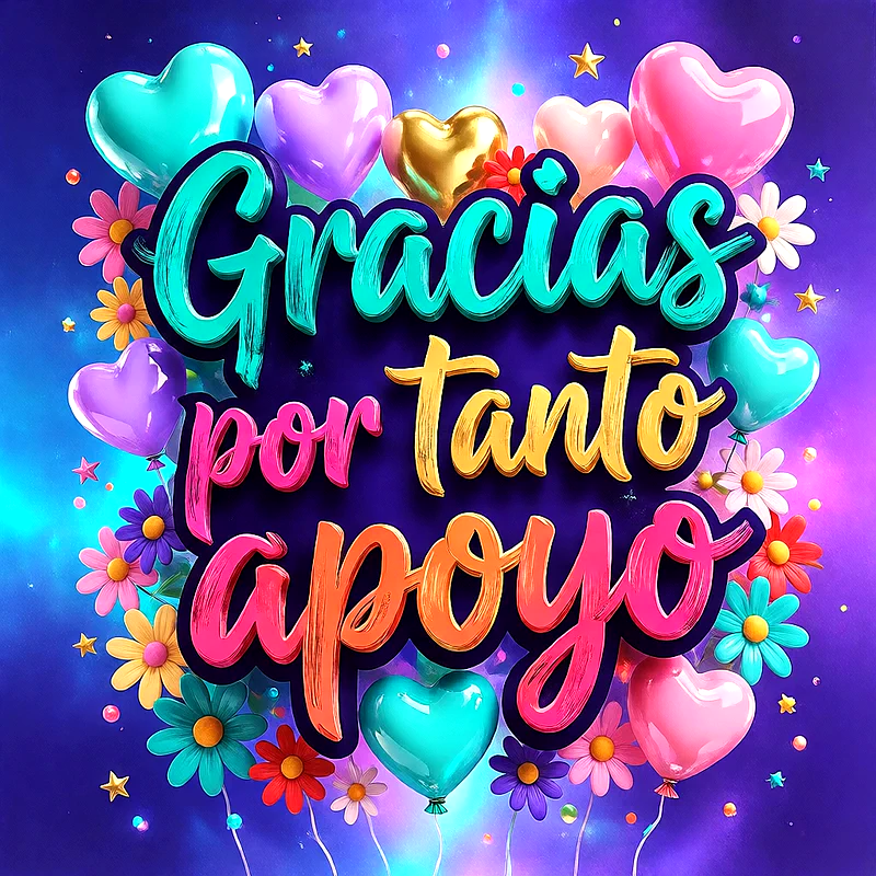 Boceto digital colorido con globos de corazón y flores, texto en 3D con trazos pinceladas sobre fondo azul violeta.