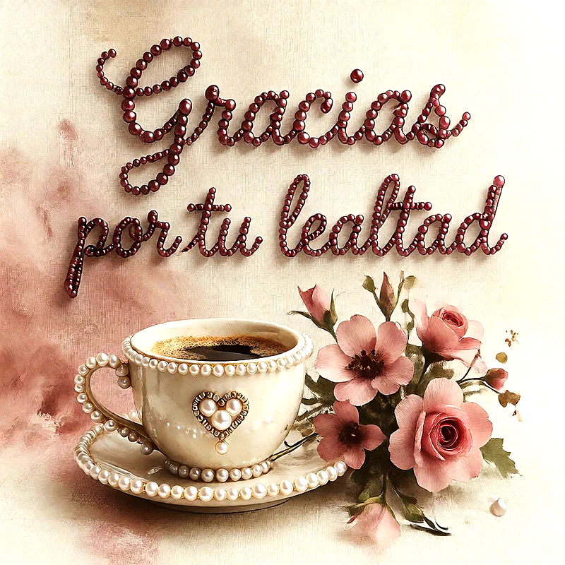 Cup de café decorado con perlas y corzas rosadas sobre un fondo beige, texto de perlas rojas que dice Gracias por tu lealtad.