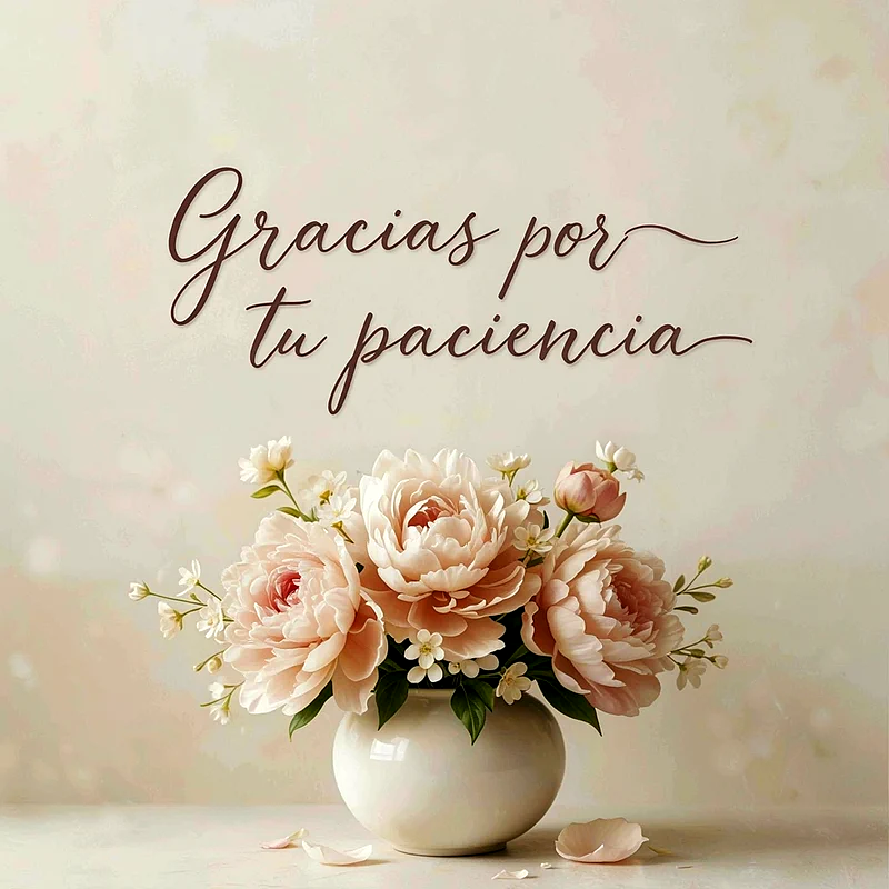 Jarrón de cerámica con peonías rosas y flores blancas sobre fondo beige con texto gracias por tu paciencia en letras cursivas.