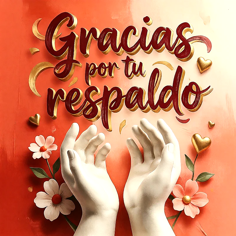 Manos blancas alzadas sobre fondo naranja, texto dorado que dice gracias por tu respaldo, flores rosadas y corazones dorados.