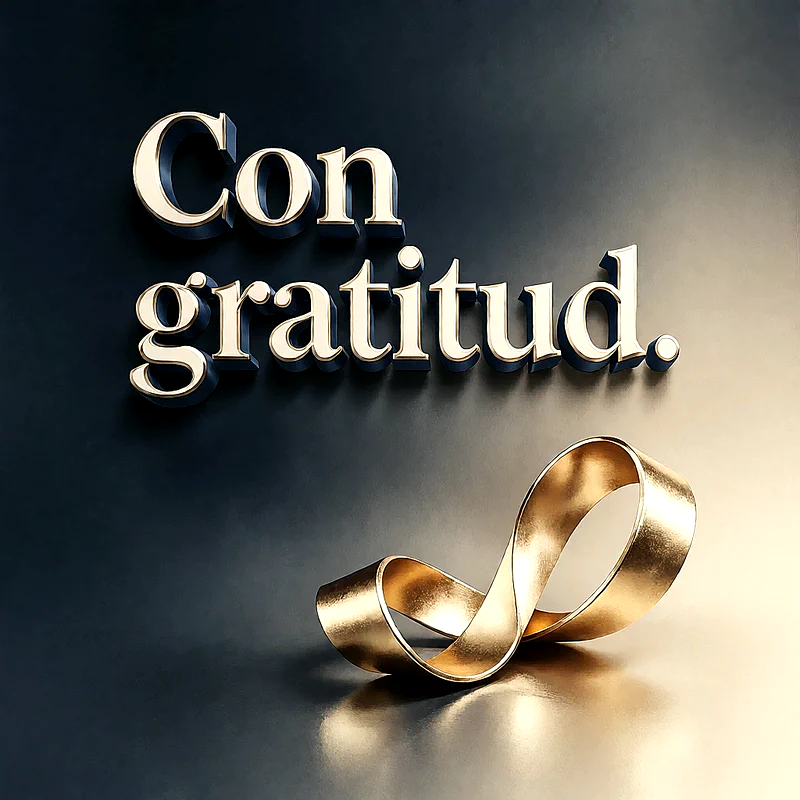 Imagen elegante con texto 3D dorado 'Con gratitud.' sobre un fondo oscuro y brillante. Abajo hay una cinta dorada metálica formando un lazo infinito, con reflejos de luz cálida.