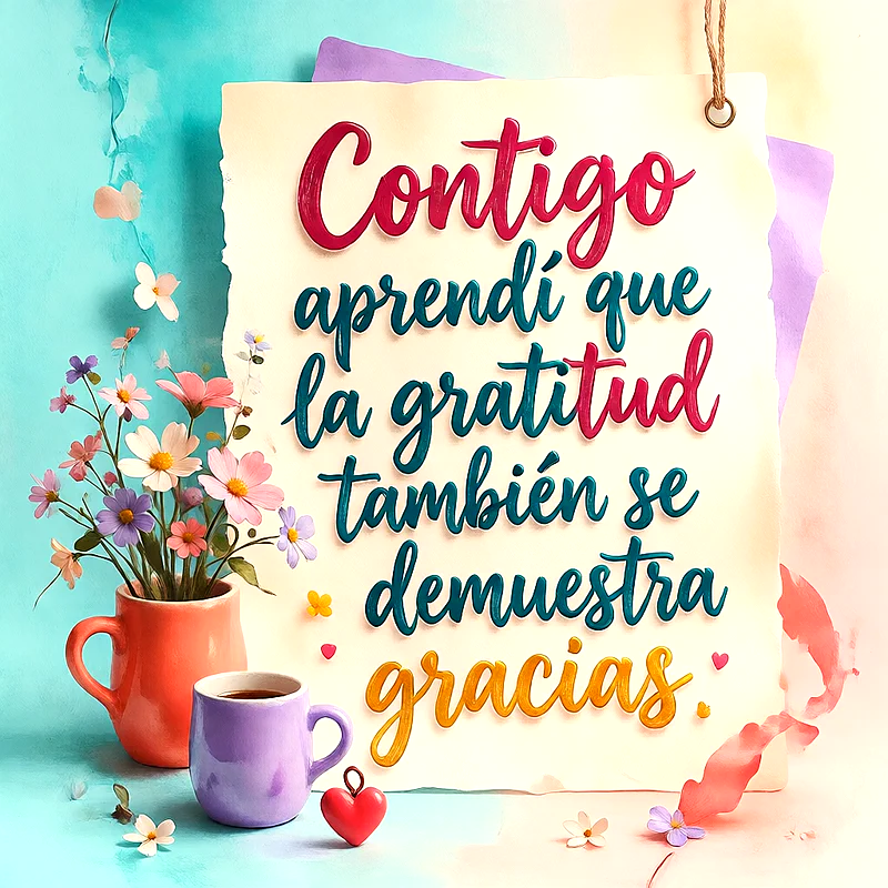 Tarjeta con flores en jarrón naranja, taza morada y texto que dice contigo aprendí que la gratitud también se demuestra gracias.
