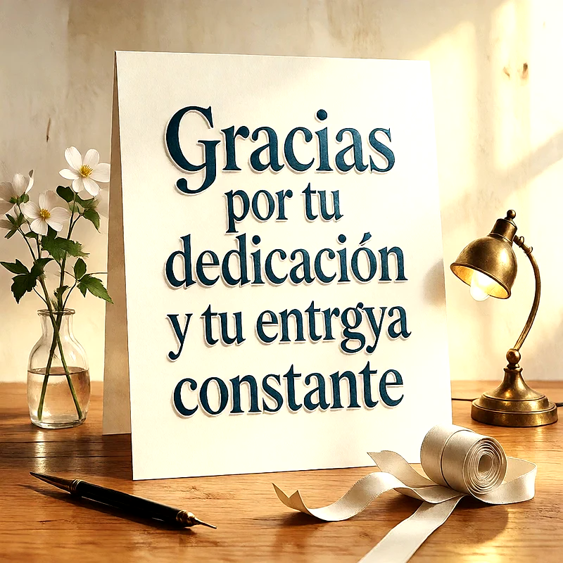 Tarjeta de agradecimiento crema con texto azul oscuro 'Gracias por tu dedicación y tu entrgya constante'. Incluye flores blancas en jarrón, una lámpara dorada, bolígrafo y cinta sobre madera.