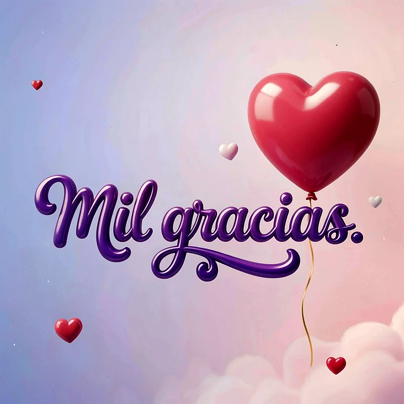 Imagen de agradecimiento con un gran globo rojo en forma de corazón y el texto 'Mil gracias' en letras moradas brillantes. Corazones pequeños flotan en un fondo de cielo pastel con nubes suaves.
