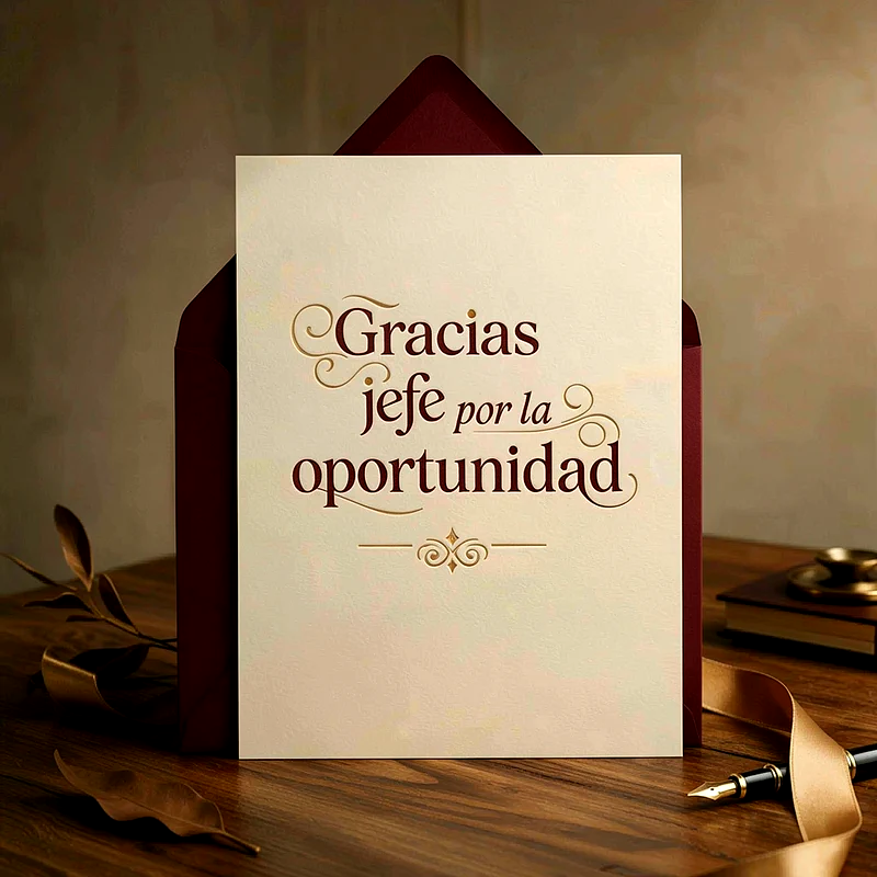 Tarjeta de agradecimiento beige con el texto 'Gracias jefe por la oportunidad' en marrón, sobre un sobre granate. En una mesa de madera oscura, con una pluma estilográfica y una cinta dorada.