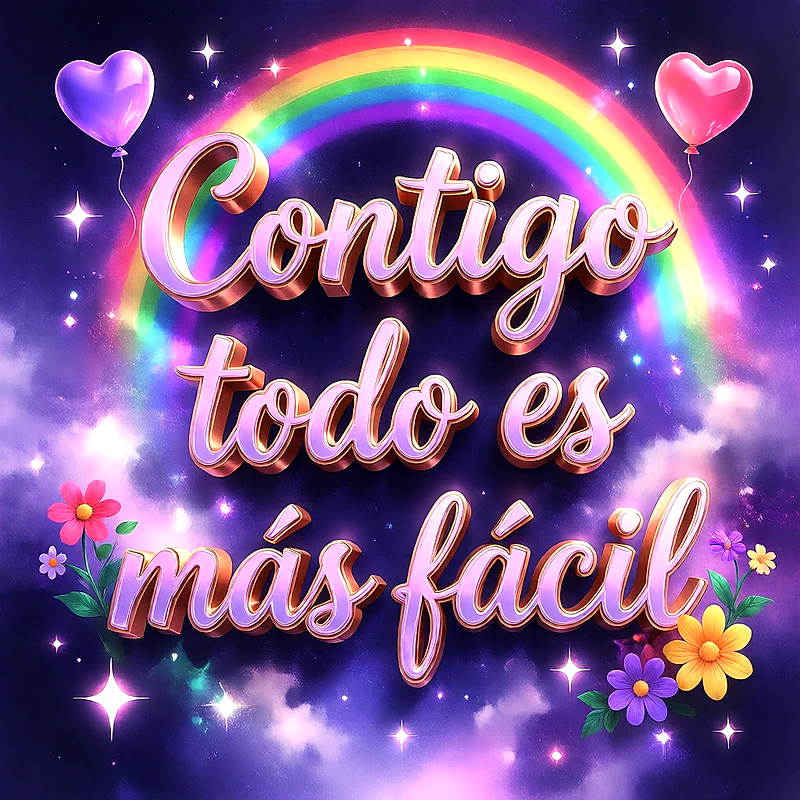 Letras metálicas doradas que dicen Contigo todo es más fácil con un arcoíris, globos y flores en un cielo estrellado.