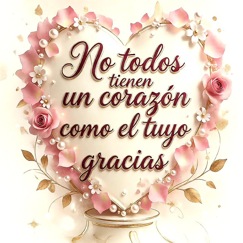 Un corazón crema adornado con rosas rosadas, pétalos y perlas. El texto principal dice 'No todos tienen un corazón como el tuyo gracias' en letras burdeos con relieve dorado.