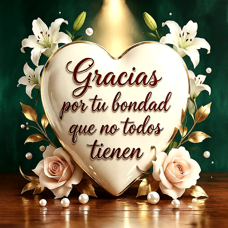 Corazón blanco con bordes dorados y texto elegante rodeado de flores blancas y rosas.