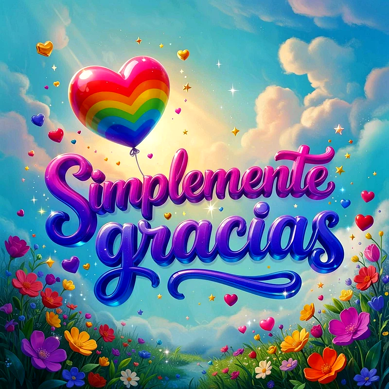 Globo corazon arcoiris flotando sobre pradera florida, texto grande Simplimente gracias en letras 3D brillantes rosas, cielo azul con nubes blancas.