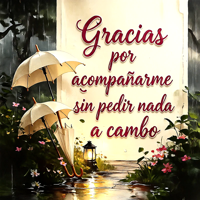 Ilustración de agradecimiento con el texto 'Gracias por acompañarme sin pedir nada a cambio' en letras rojas. Incluye paraguas beige, un farol encendido y plantas bajo la lluvia, con reflejos cálidos.