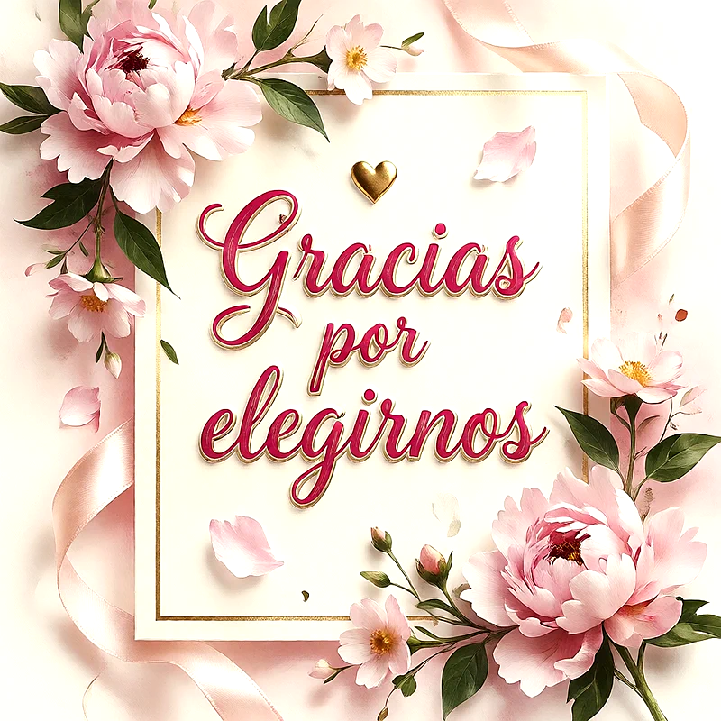 Tarjeta de agradecimiento en tonos pastel con peonías rosadas, hojas verdes y cintas suaves. Presenta un marco dorado con el texto 'Gracias por elegirnos' en letras cursivas rojas y un corazón dorado.
