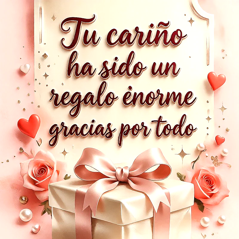 Caja de regalo envuelta en dorado con lazo rosa, rosas rosadas y corazones rojos sobre fondo beige con chispas doradas.