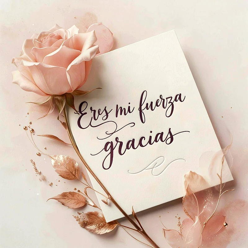 Tarjeta blanca con texto caligráfico Eres mi fuerza gracias, rosa rosa, hojas doradas, fondo suave y elegante.