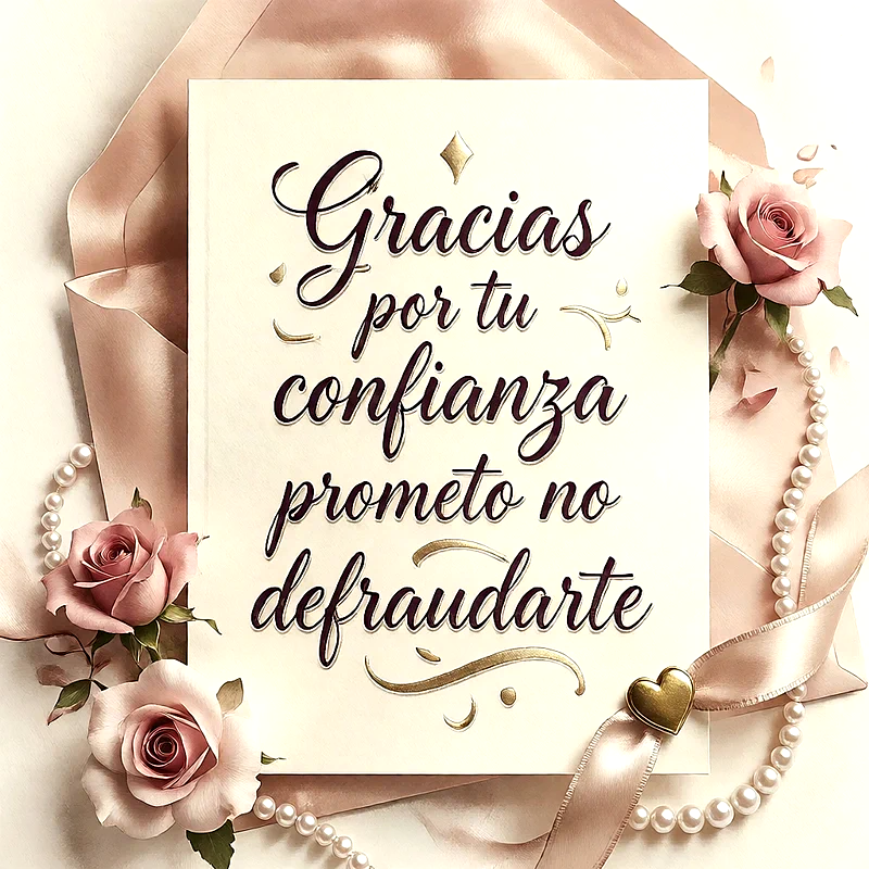 Tarjeta elegante con texto de agradecimiento sobre fondo de seda, rodeada de rosas rosadas, perlas y corazon dorado.