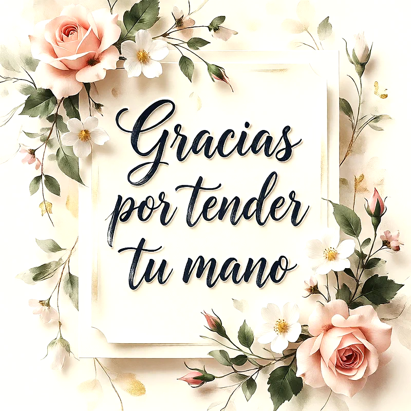 Tarjeta blanca con texto de agradecimiento, rosas粉色的, flores blancas y hojas verdes.