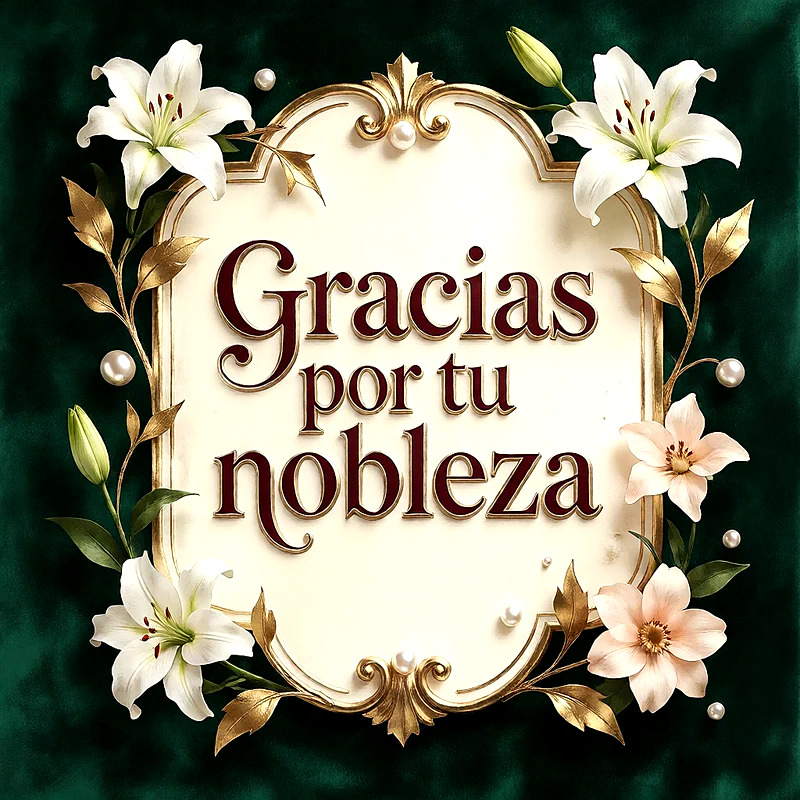 Tarjeta elegante con marco dorado, margaritas blancas y rosas rosadas sobre fondo verde oscuro. Texto en letras marrones que dice Gracias por tu nobleza.