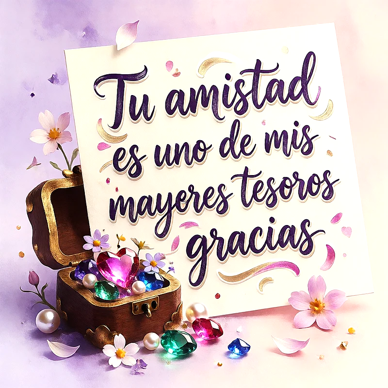 Tarjeta de agradecimiento con el texto 'Tu amistad es uno de mis mayores tesoros gracias'. Presenta un cofre del tesoro abierto, gemas brillantes, perlas y flores pastel sobre un fondo lila suave.