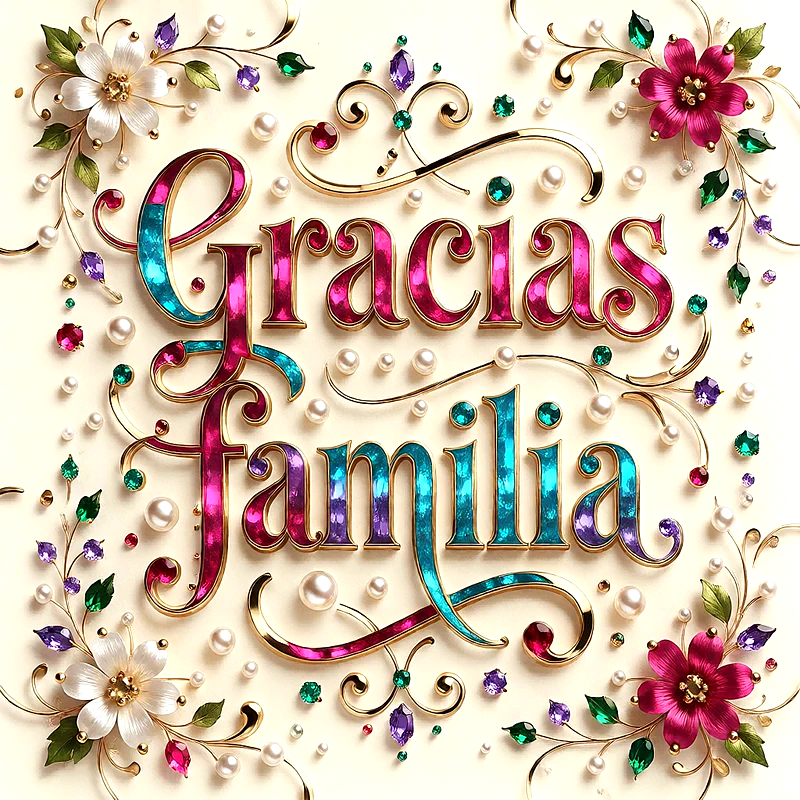 Imagen decorativa con las palabras 'Gracias Familia' en letras 3D de colores vibrantes como fucsia, turquesa y morado, con bordes dorados. Adornada con perlas, joyas de colores y filigranas doradas sobre un fondo crema.