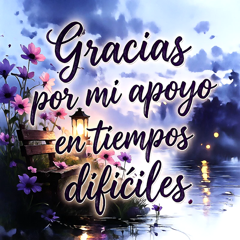 Paisaje nocturno con banco de madera, farol iluminado, flores moradas junto al agua y texto Gracias por mi apoyo en tiempos difíciles.