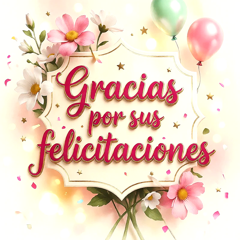 Tarjeta de agradecimiento con texto Gracias por sus felicitaciones decorada con flores rosas y blancas, globos de colores y confeti sobre fondo festivo claro y luminoso.