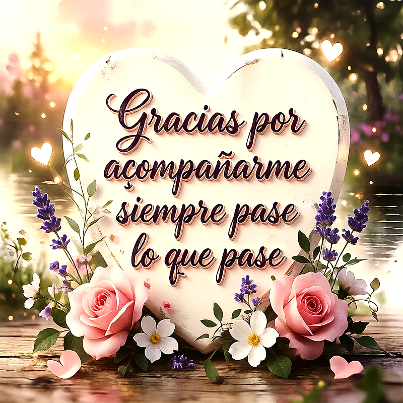 Placa en forma de corazón con texto Gracias por acompañarme siempre pase lo que pase, decorada con rosas rosadas y flores de lavanda sobre madera, fondo cálido y suave.