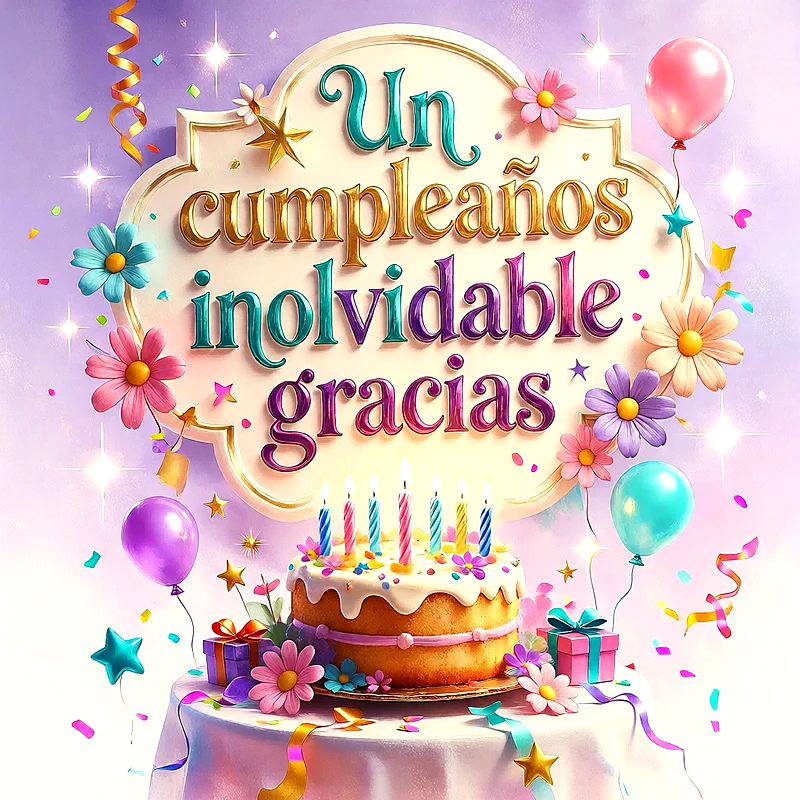 Pastel de cumpleaños con velas encendidas sobre una mesa, decorado con globos de colores, flores y confeti, con el texto central Un cumpleaños inolvidable gracias en letras grandes.