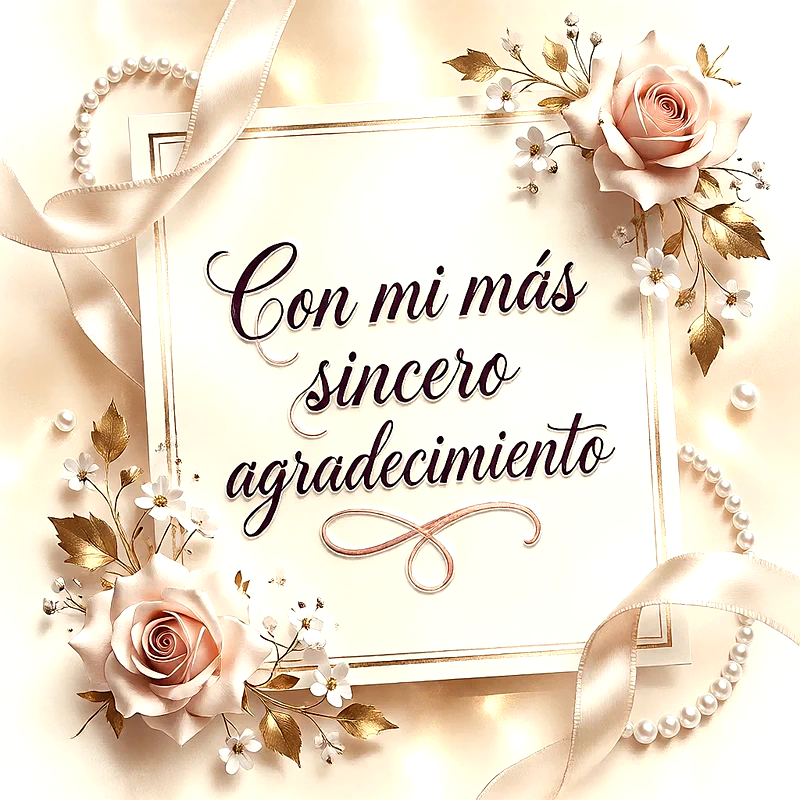 Tarjeta elegante de color crema con rosas rosadas, perlas, cintas y el texto en español Con mi más sincero agradecimiento.