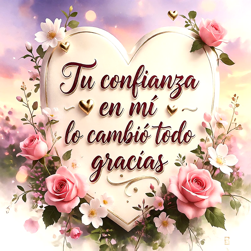 Imagen con forma de corazón que contiene texto de agradecimiento, rodeada de rosas rosadas y flores blancas, fondo de cielo al atardecer, pequeños corazones dorados decorativos.