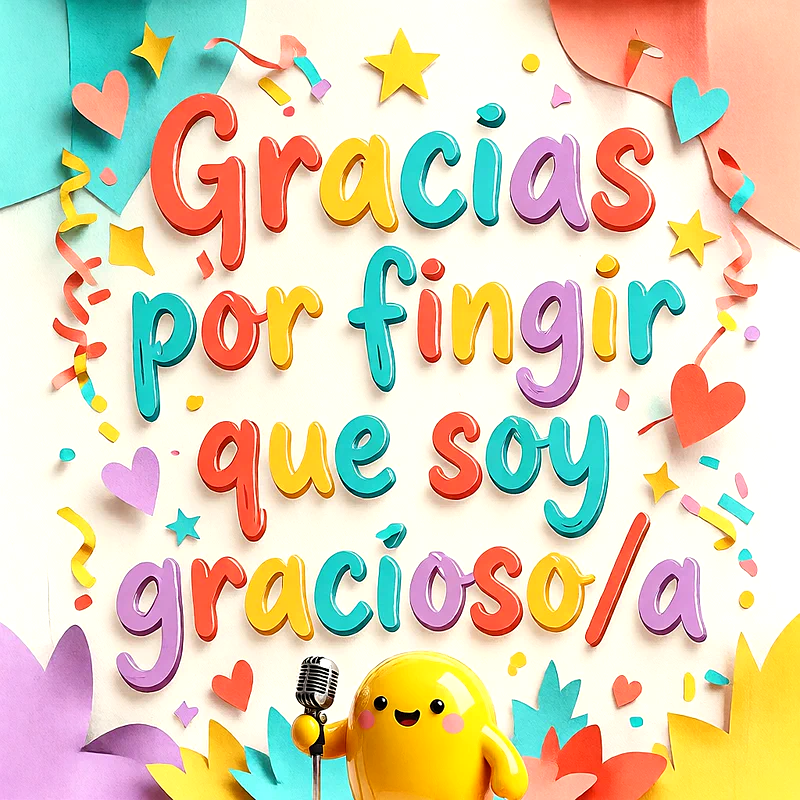 Tarjeta colorida con confetti y corazones de papel, personaje amarillo con micrófono y texto que dice Gracias por fingir que soy gracioso/a.